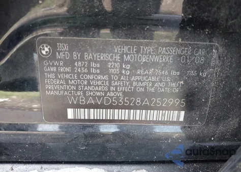 2008 BMW 335Xi z USA, uszkodzony, nr VIN WBAVD53528A252995